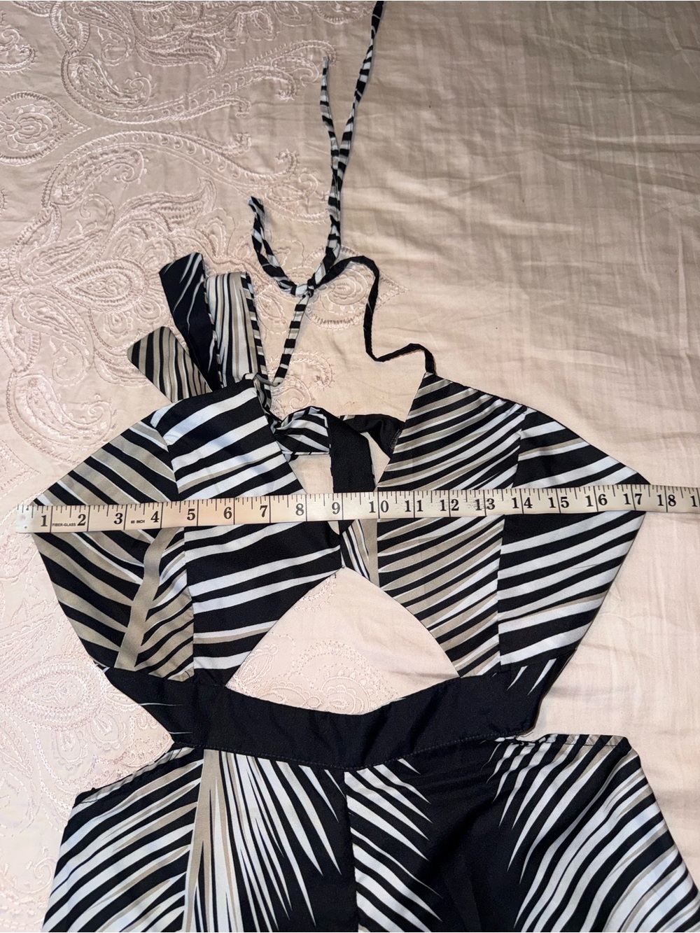 ChicMe Tropical Palm Print Cutout Wide Leg Jumpsuit Black Beige Size L - Picture 8 of 12